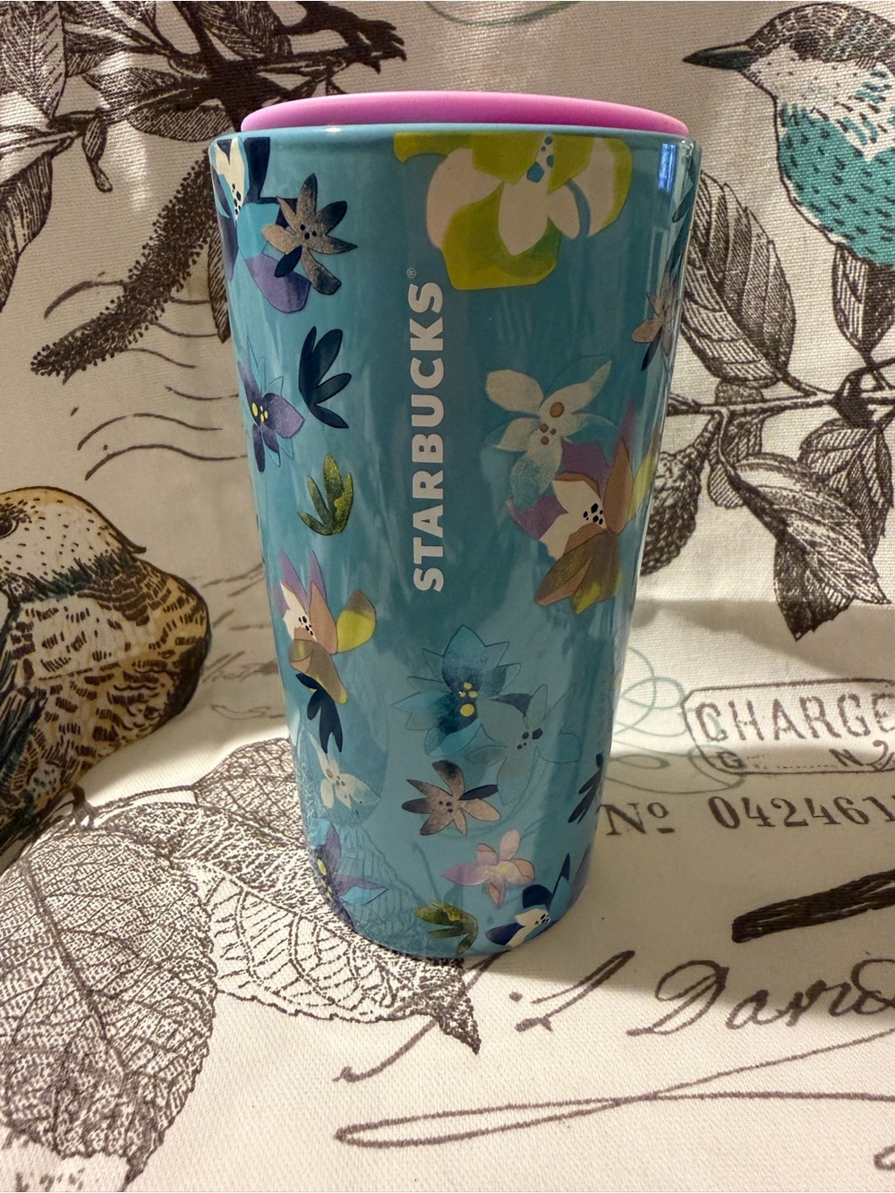 Starbucks Turquoise Floral Travel Mug with Pink Lid